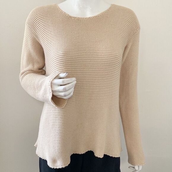 Frame Denim Cream Cotton Crew Neck Sweater with Ribbed Knit Texture - Picture 1 of 7